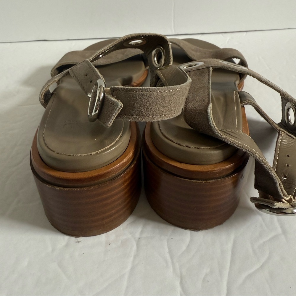 Tan Taupe Low Block Heel Leather Sandals Flats Women Size EU 37 - Picture 2 of 12